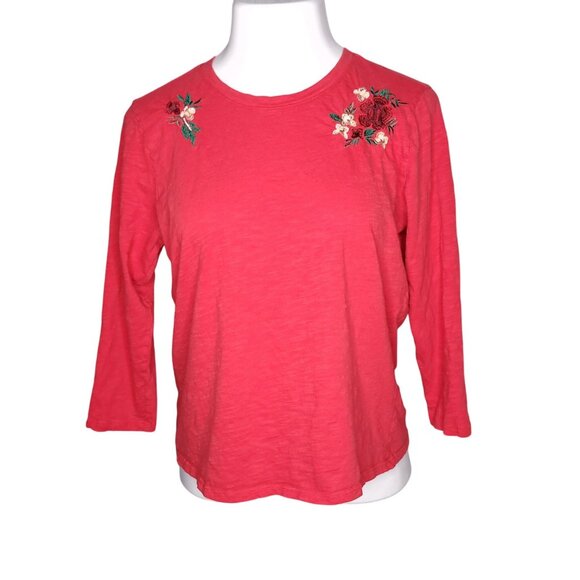 Lucky Brand Womens 3/4 Sleeve Top L Embroidered Floral Cotton Shirt Juniors - Picture 2 of 5